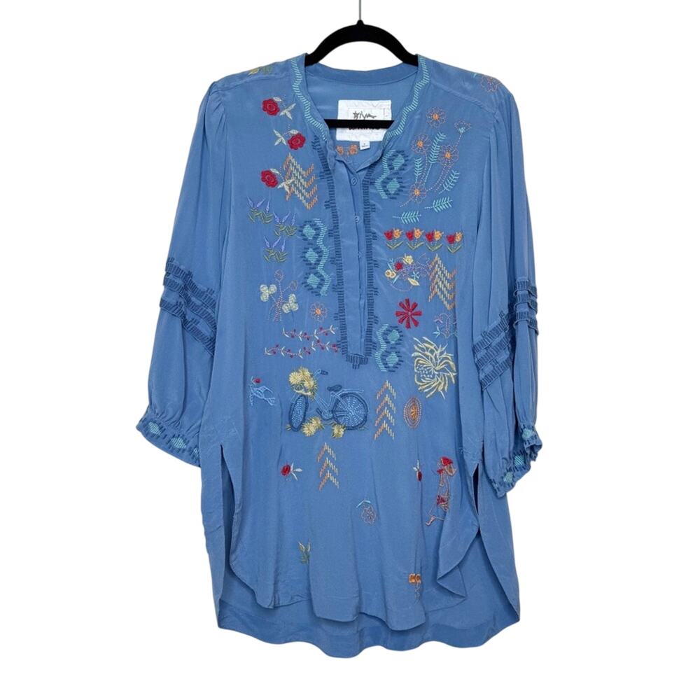 Johnny Was Biya Cardin Silk Embroidered Tunic Too Blue S